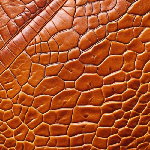 Home 11 **Close-up of a vibrant, textured kombucha leather sample, showcasing its organic patterns and natural color variations. Emphasize its sustainable and eco-friendly qualities.**