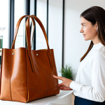 A thoughtful, modern professional in a modest business casual outfit, fully clothed, appropriate attire, examining a stylish kombucha leather tote bag with a look of appreciation for sustainable innovation. She stands in a brightly lit, contemporary design showroom with minimalist decor. Perfect anatomy, correct proportions, natural pose, well-formed hands, proper finger count. Professional photography, high resolution, soft natural light, safe for work, appropriate content, family-friendly.