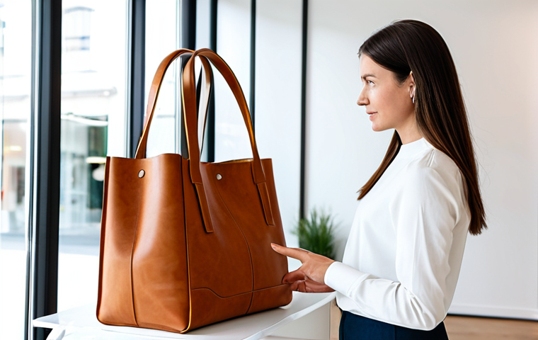 A thoughtful, modern professional in a modest business casual outfit, fully clothed, appropriate attire, examining a stylish kombucha leather tote bag with a look of appreciation for sustainable innovation. She stands in a brightly lit, contemporary design showroom with minimalist decor. Perfect anatomy, correct proportions, natural pose, well-formed hands, proper finger count. Professional photography, high resolution, soft natural light, safe for work, appropriate content, family-friendly.