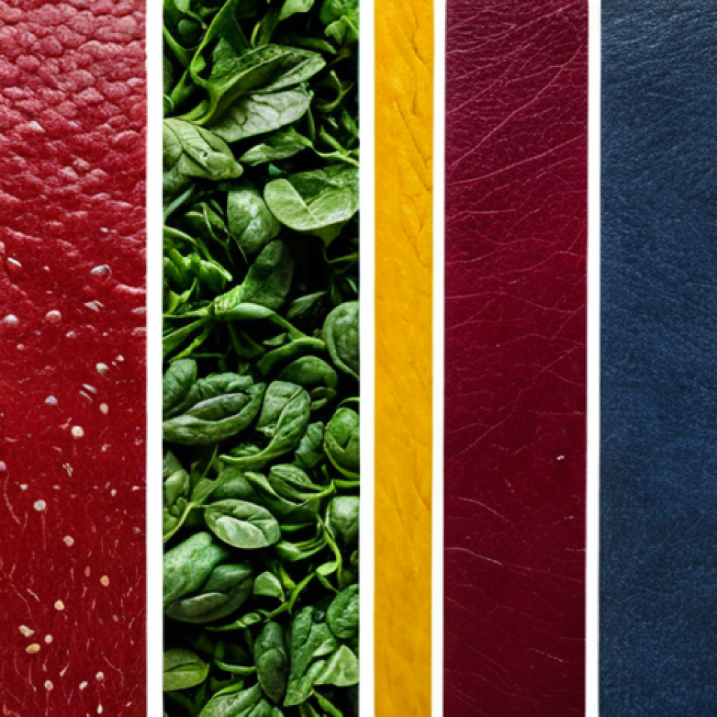**
"Close-up of vibrant, naturally dyed kombucha leather samples in a rainbow of colors – reds from beets, greens from spinach, yellows from turmeric, blues from blueberries. Show varying textures and thicknesses. Focus on the organic, natural feel of the material. Professional studio lighting, high resolution, natural light, raw fiber detail. safe for work, appropriate content, fully clothed, professional."
**