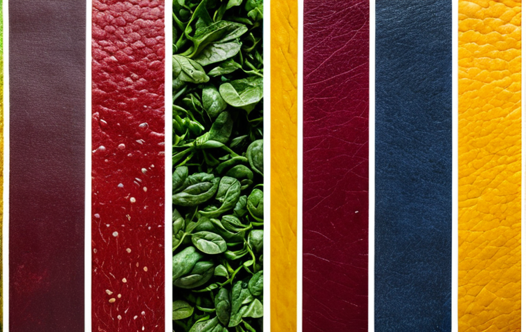 **
"Close-up of vibrant, naturally dyed kombucha leather samples in a rainbow of colors – reds from beets, greens from spinach, yellows from turmeric, blues from blueberries. Show varying textures and thicknesses. Focus on the organic, natural feel of the material. Professional studio lighting, high resolution, natural light, raw fiber detail. safe for work, appropriate content, fully clothed, professional."
**