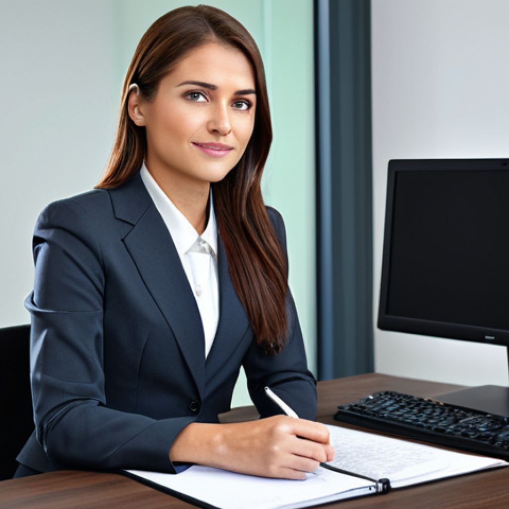 **
A professional businesswoman in a modest business suit, sitting at a desk in a modern office, fully clothed, appropriate attire, safe for work, perfect anatomy, natural proportions, professional photography, high quality.
**