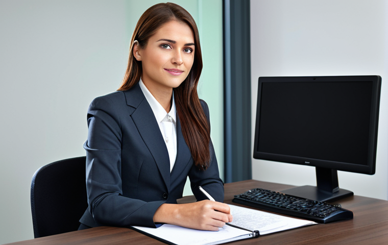 **
A professional businesswoman in a modest business suit, sitting at a desk in a modern office, fully clothed, appropriate attire, safe for work, perfect anatomy, natural proportions, professional photography, high quality.
**