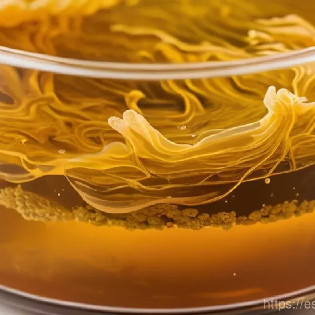 콤부차 가죽의 시장 동향 - **Prompt:** "A detailed, close-up shot of a large, thick SCOBY (Symbiotic Culture Of Bacteria and Ye...