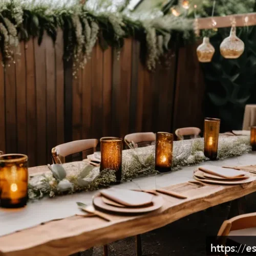 Home 32 콤부차 가죽을 활용한 이벤트 기획 아이디어 - A cozy bohemian wedding reception scene featuring handmade kombucha leather decor: textured kombucha...