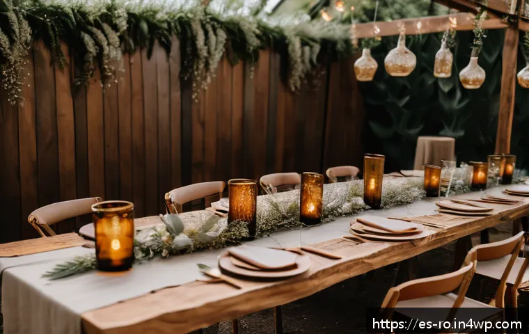 콤부차 가죽을 활용한 이벤트 기획 아이디어 - A cozy bohemian wedding reception scene featuring handmade kombucha leather decor: textured kombucha...