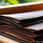 Home 19 콤부차 가죽의 기술적 혁신 - A close-up view of kombucha leather sheets in various stages of fermentation, showcasing diverse tex...
