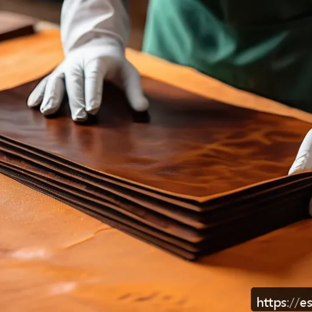 콤부차 가죽의 다양한 응용 분야 - A close-up image of kombucha leather being handcrafted in a bright artisan workshop in Spain, showin...