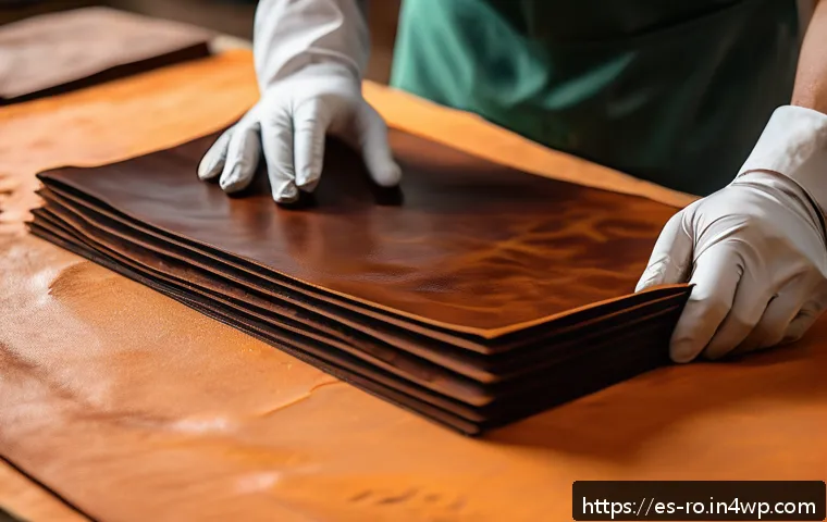 콤부차 가죽의 다양한 응용 분야 - A close-up image of kombucha leather being handcrafted in a bright artisan workshop in Spain, showin...