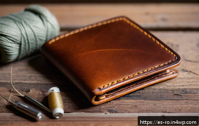 콤부차 가죽을 활용한 가정용품 제작 - A close-up image of a handcrafted wallet made from kombucha leather, showing the unique fibrous text...
