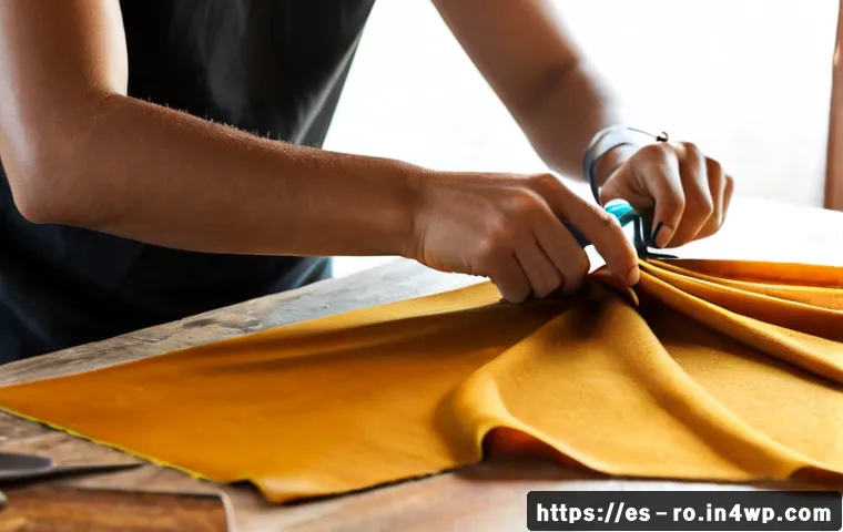 Home 17 콤부차 가죽을 이용한 스카프 제작 - Photorealistic close-up of a sustainable fashion artisan in a sunlit Barcelona-style studio carefull...