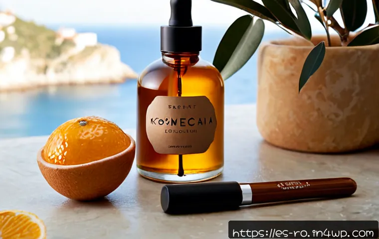 Home 17 콤부차 가죽으로 만든 화장품 포장 디자인 - Photorealistic luxury cosmetic packaging made from kombucha leather, a small amber glass skincare ja...